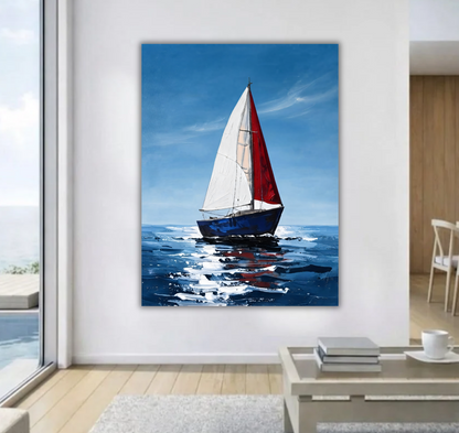 Modern Vibrant Blue Ocean Sailboat Canvas Print - Red & White Sail Seascape Painting Wall Art