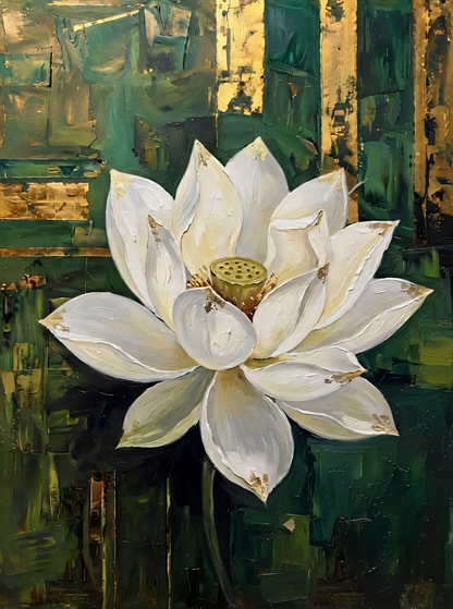 Blooming White Lotus Canvas Print - Gold Leaf & Emerald Green Texture Botanical Wall Art