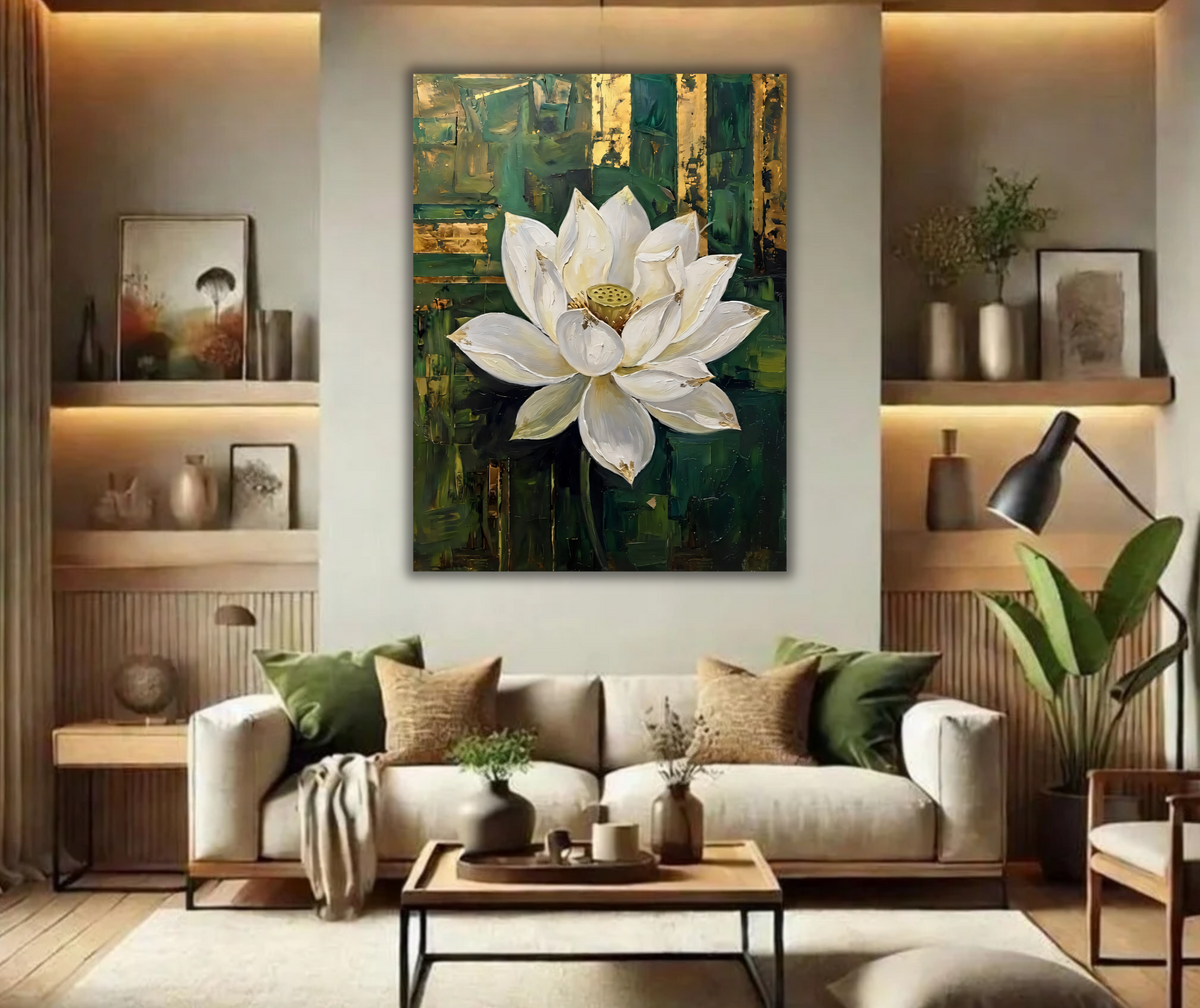 Blooming White Lotus Canvas Print - Gold Leaf & Emerald Green Texture Botanical Wall Art
