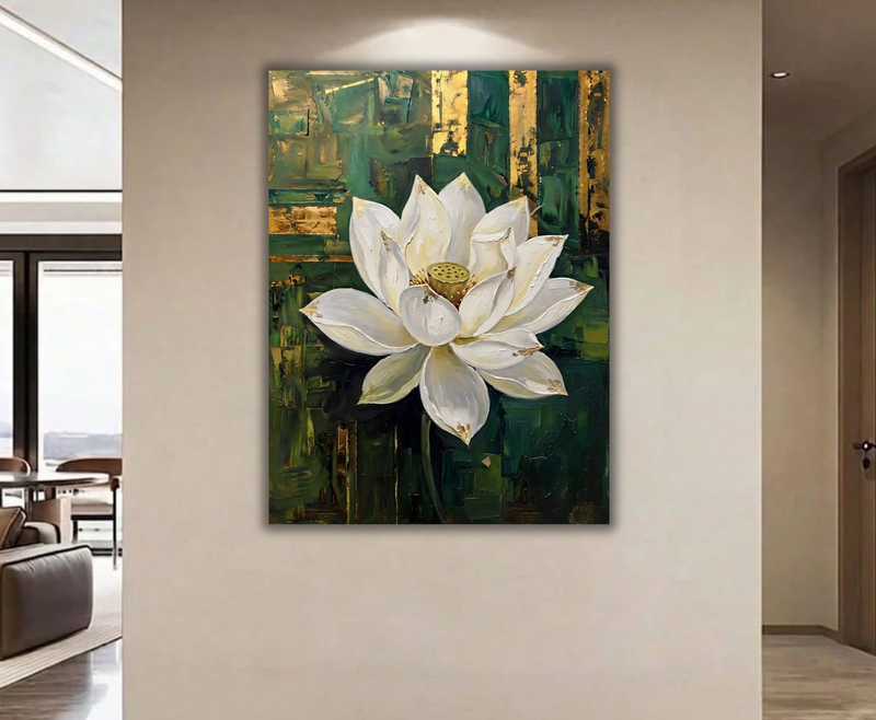 Blooming White Lotus Canvas Print - Gold Leaf & Emerald Green Texture Botanical Wall Art