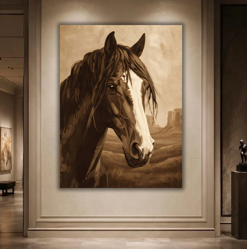 Sepia Horse Portrait Canvas Print - Vintage Wild Horse & Desert Canyon Landscape Wall Art