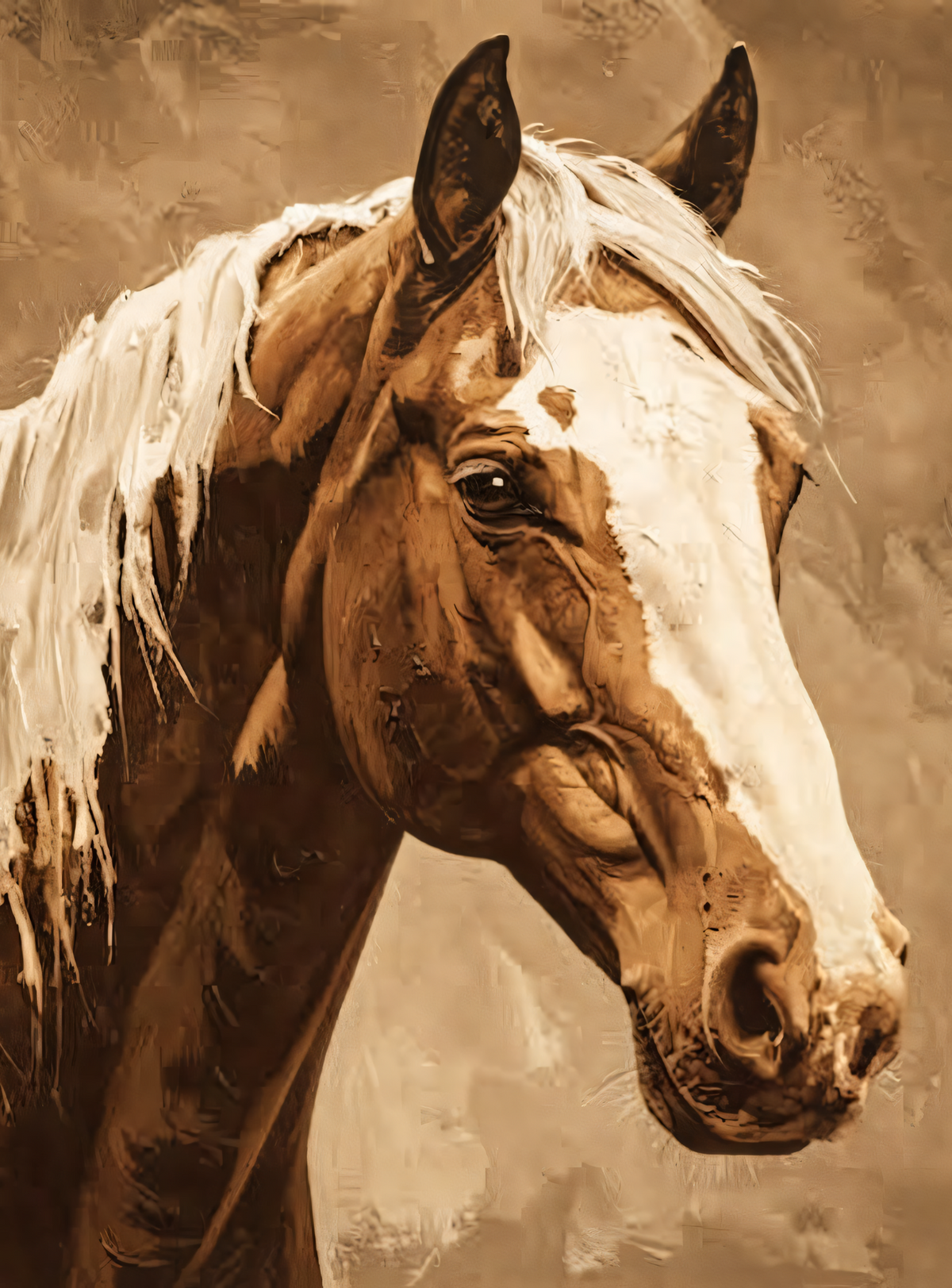 Warm Sepia Wild Horse Portrait Canvas Print - Blonde Mane & White Blaze Horse Painting