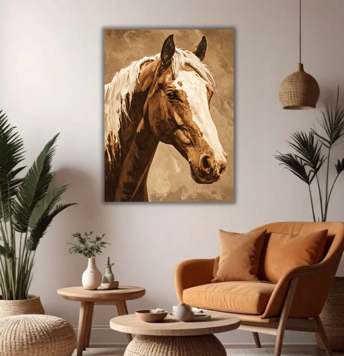 Warm Sepia Wild Horse Portrait Canvas Print - Blonde Mane & White Blaze Horse Painting