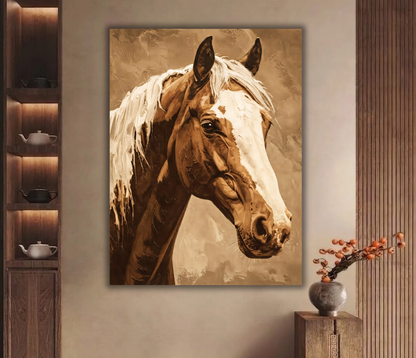 Warm Sepia Wild Horse Portrait Canvas Print - Blonde Mane & White Blaze Horse Painting