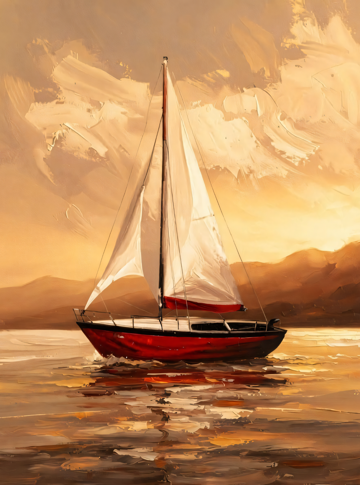 Golden Sunset Sailboat Canvas Print - Red Hull Yacht & Warm Seascape Painting Wall Art