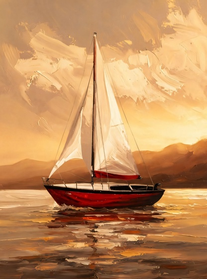 Golden Sunset Sailboat Canvas Print - Red Hull Yacht & Warm Seascape Painting Wall Art