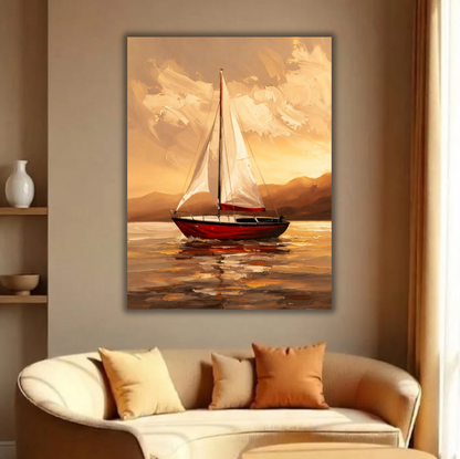 Golden Sunset Sailboat Canvas Print - Red Hull Yacht & Warm Seascape Painting Wall Art