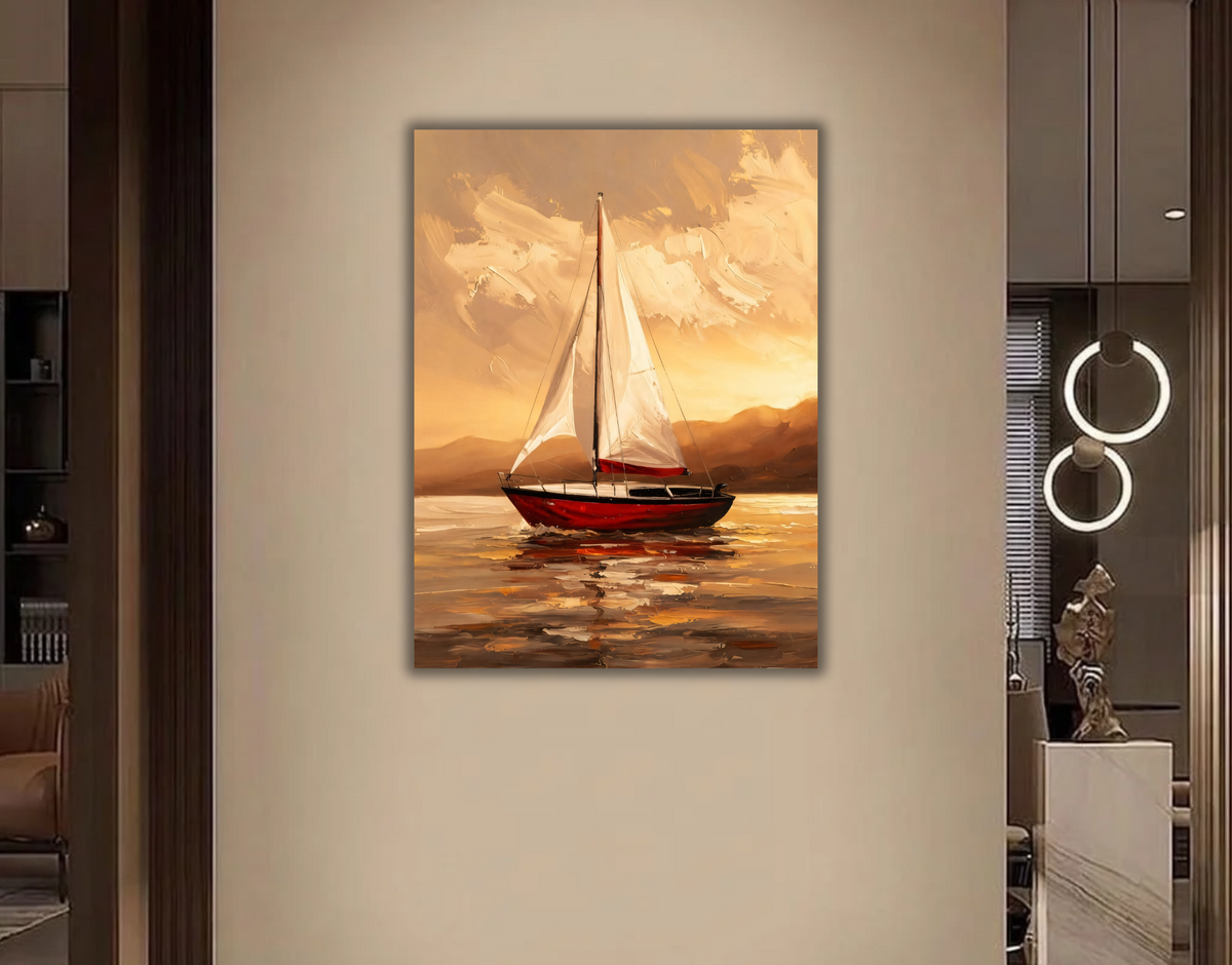 Golden Sunset Sailboat Canvas Print - Red Hull Yacht & Warm Seascape Painting Wall Art