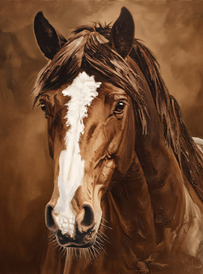 Front-Facing Brown Horse Portrait Canvas Print - White Blaze & Warm Sepia Wall Art
