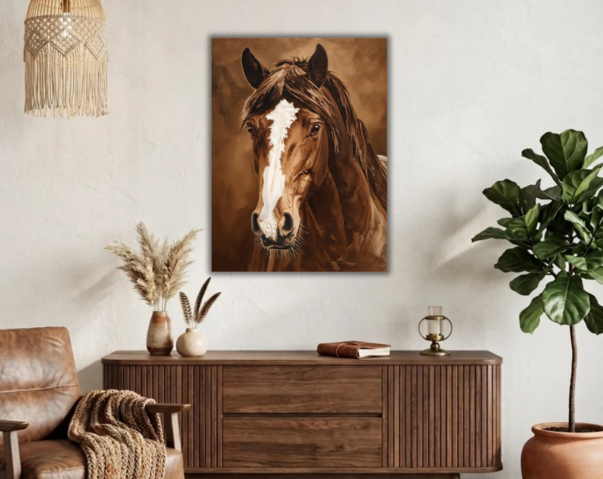 Front-Facing Brown Horse Portrait Canvas Print - White Blaze & Warm Sepia Wall Art