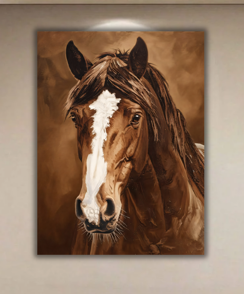 Front-Facing Brown Horse Portrait Canvas Print - White Blaze & Warm Sepia Wall Art