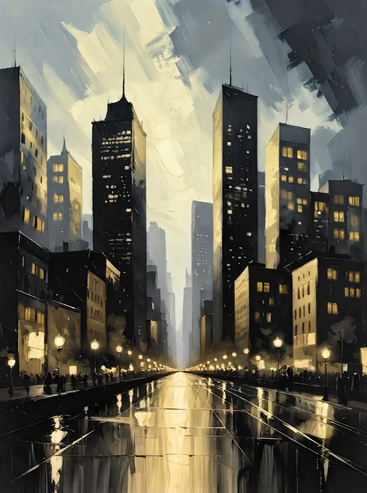 Modern City Skyline Canvas Print - Rainy Evening Cityscape & Glowing Streetlights Oil Painting Wall Art