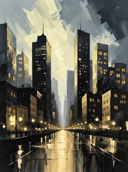 Modern City Skyline Canvas Print - Rainy Evening Cityscape & Glowing Streetlights Oil Painting Wall Art