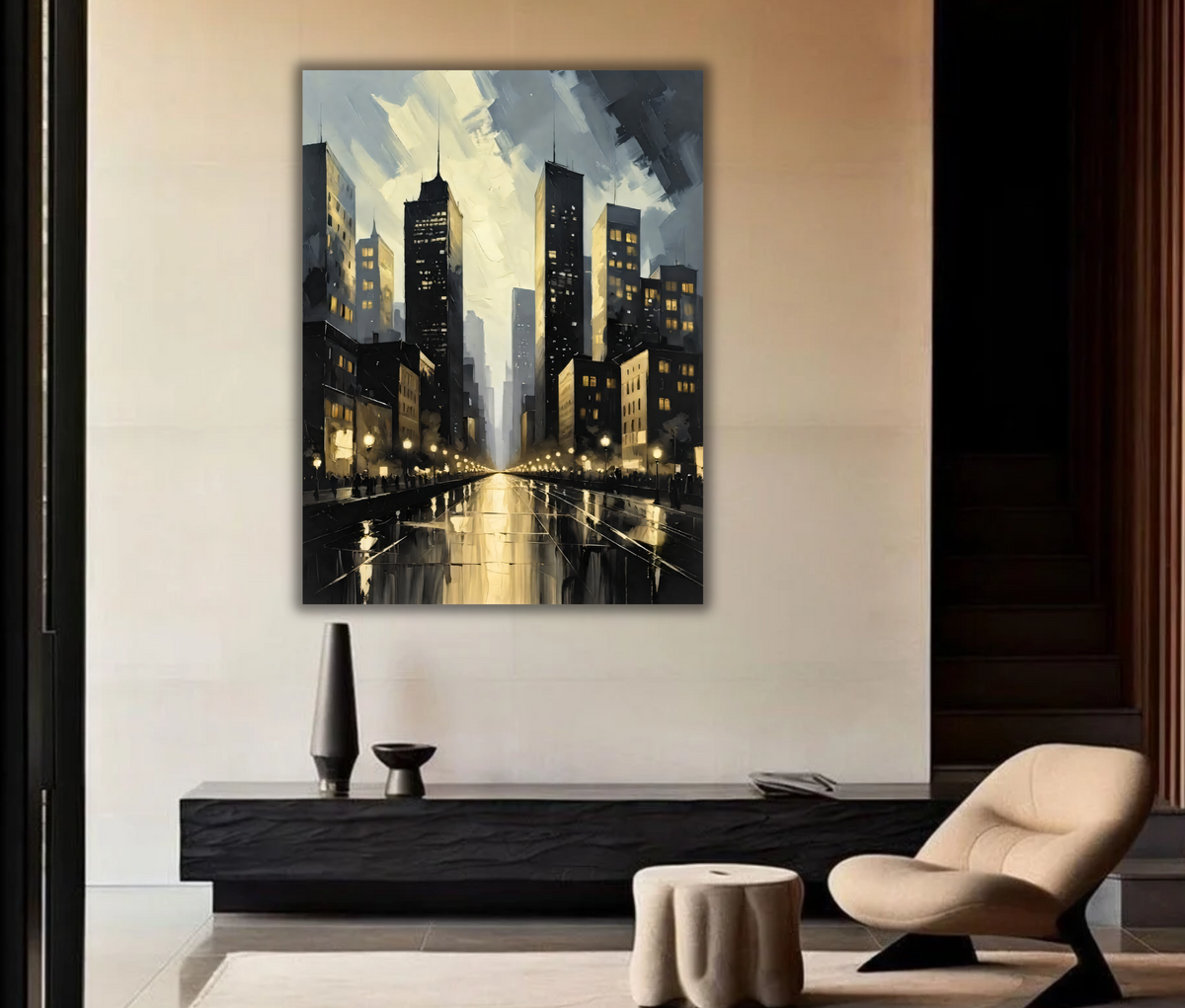 Modern City Skyline Canvas Print - Rainy Evening Cityscape & Glowing Streetlights Oil Painting Wall Art