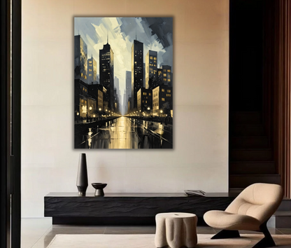 Modern City Skyline Canvas Print - Rainy Evening Cityscape & Glowing Streetlights Oil Painting Wall Art