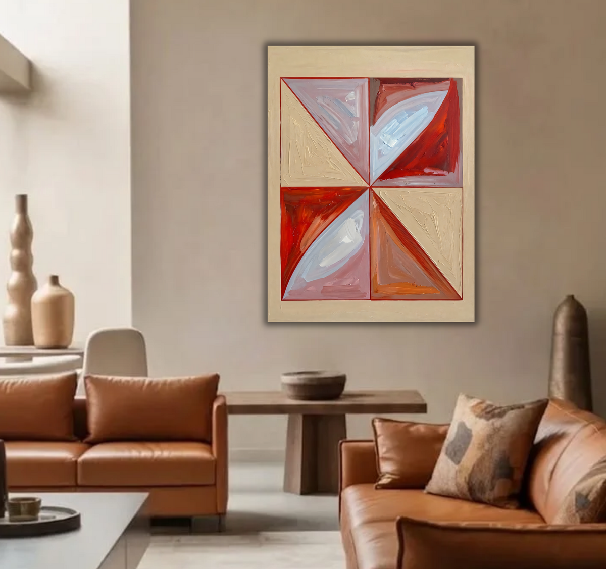 Modern Abstract Geometric Pinwheel Canvas Print - Terracotta Red & Beige Textured Wall Art