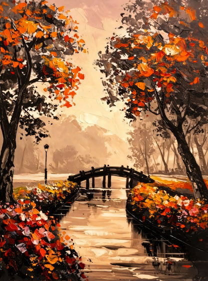 Autumn Park Bridge Canvas Print - Warm Orange & Golden Foliage Landscape Oil Painting Style Print