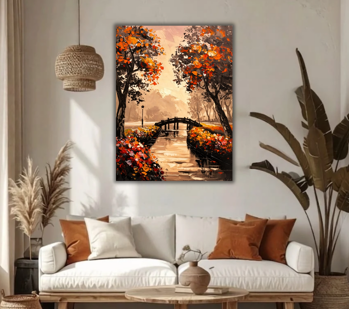 Autumn Park Bridge Canvas Print - Warm Orange & Golden Foliage Landscape Oil Painting Style Print