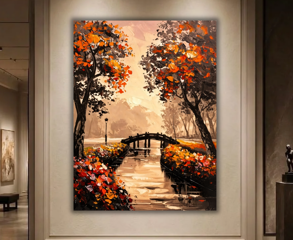 Autumn Park Bridge Canvas Print - Warm Orange & Golden Foliage Landscape Oil Painting Style Print