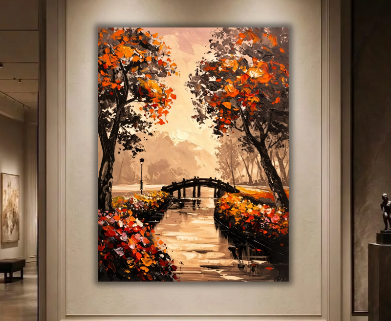 Autumn Park Bridge Canvas Print - Warm Orange & Golden Foliage Landscape Oil Painting Style Print
