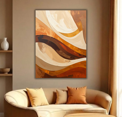 Modern Abstract Fluid Swirl Canvas Print - Warm Ochre & Terracotta Textured Wall Art