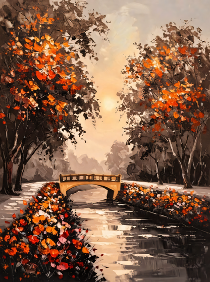 Autumn Park Bridge Canvas Print - Warm Sunset & Orange Leaves Landscape Oil Painting