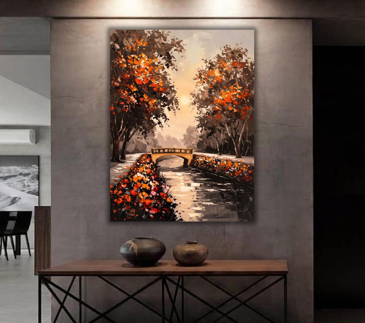Autumn Park Bridge Canvas Print - Warm Sunset & Orange Leaves Landscape Oil Painting
