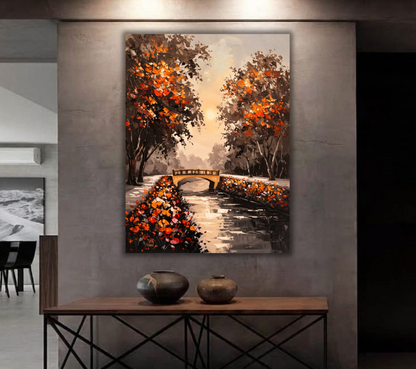 Autumn Park Bridge Canvas Print - Warm Sunset & Orange Leaves Landscape Oil Painting