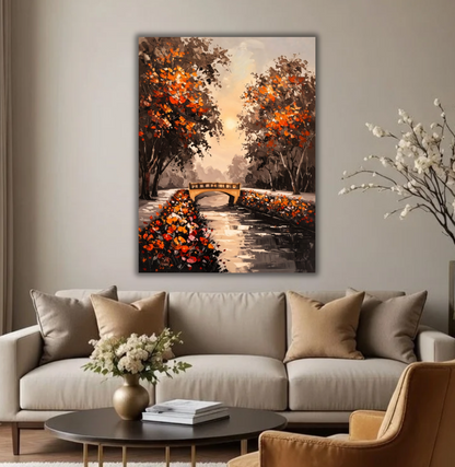 Autumn Park Bridge Canvas Print - Warm Sunset & Orange Leaves Landscape Oil Painting