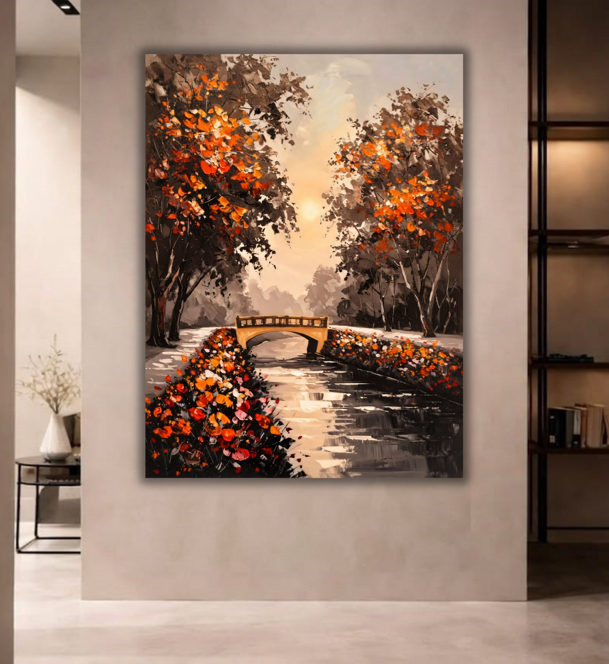 Autumn Park Bridge Canvas Print - Warm Sunset & Orange Leaves Landscape Oil Painting