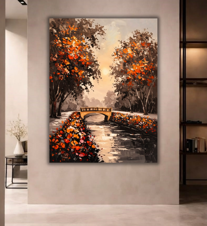 Autumn Park Bridge Canvas Print - Warm Sunset & Orange Leaves Landscape Oil Painting