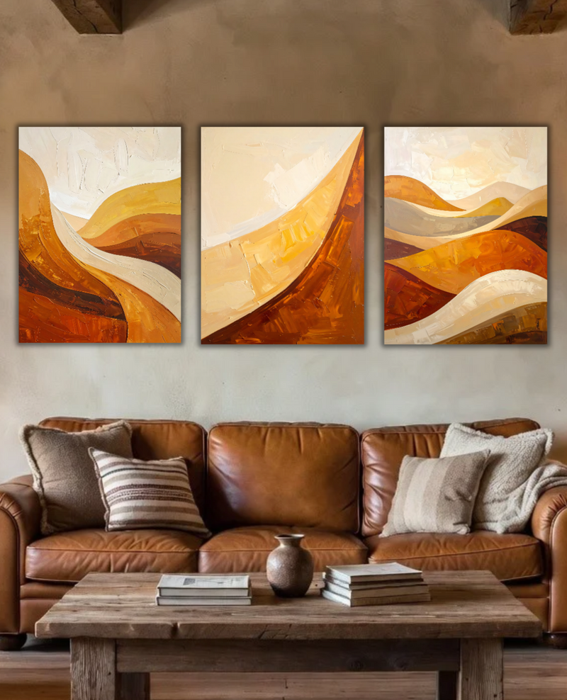Modern Abstract Earth Tone 3-Piece Canvas Wall Art Set - Warm Ochre, Terracotta & Cream Triptych