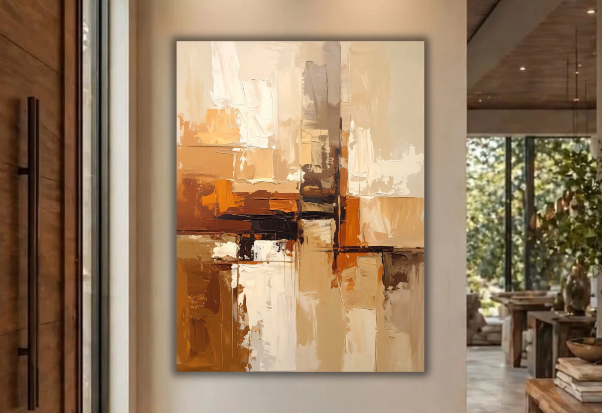 Modern Abstract Geometric Block Canvas Print - Warm Ochre, Terracotta & Cream Textured Wall Art