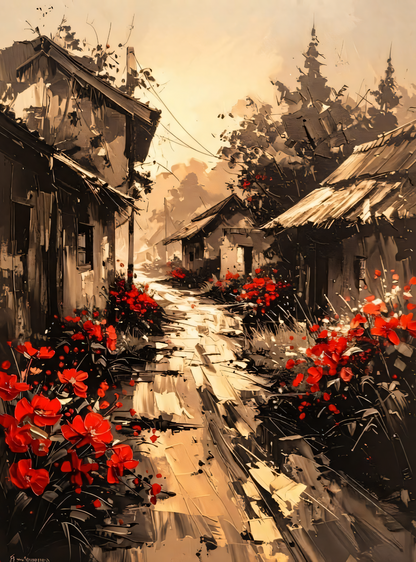 Rustic Village Street Canvas Print - Sepia Rural Cottage Landscape with Red Poppy Flowers Wall Art