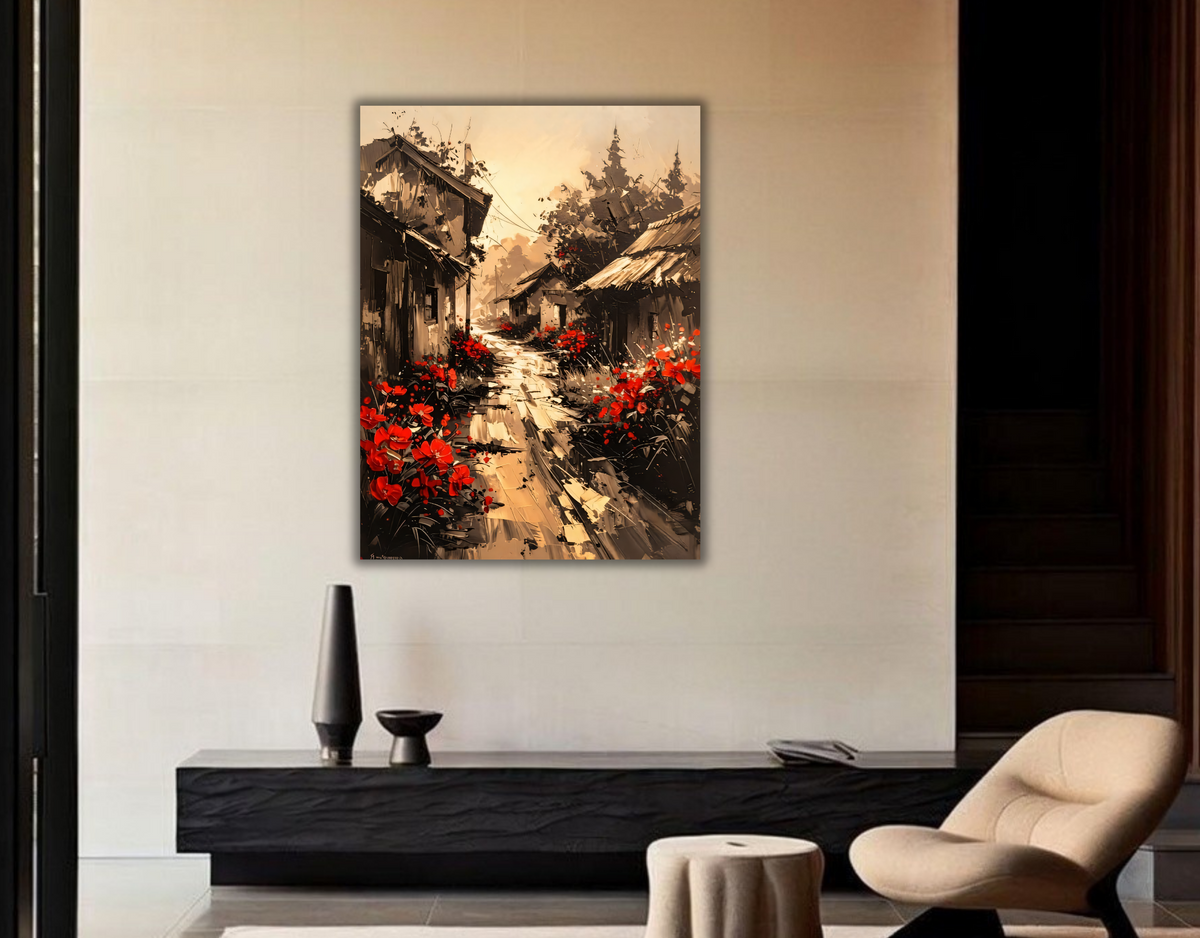 Rustic Village Street Canvas Print - Sepia Rural Cottage Landscape with Red Poppy Flowers Wall Art
