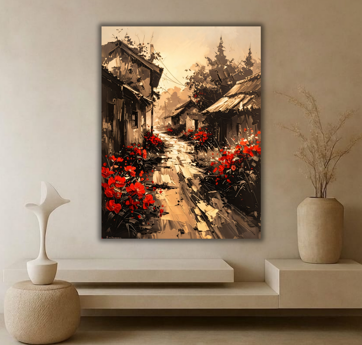 Rustic Village Street Canvas Print - Sepia Rural Cottage Landscape with Red Poppy Flowers Wall Art