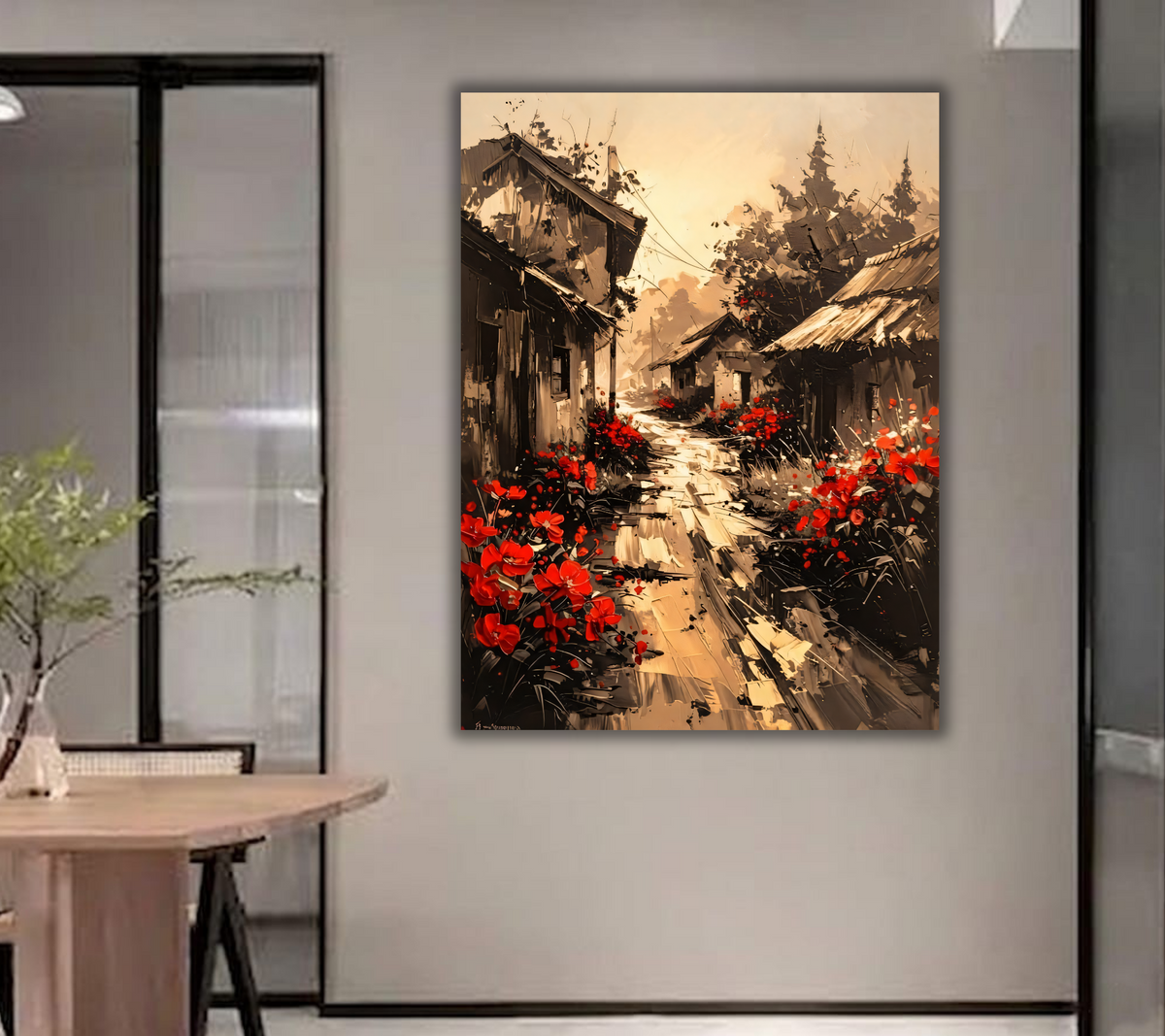 Rustic Village Street Canvas Print - Sepia Rural Cottage Landscape with Red Poppy Flowers Wall Art
