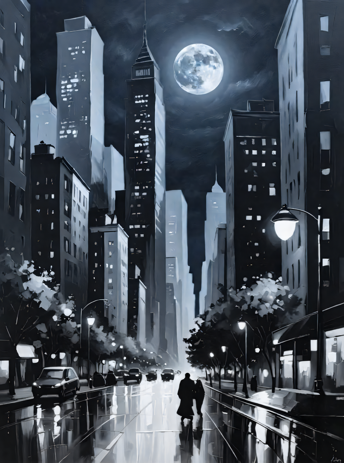 Full Moon Cityscape Canvas Print - Black & White City Night Skyline Wall Art