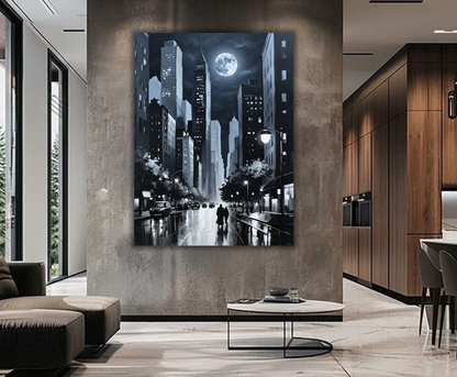 Full Moon Cityscape Canvas Print - Black & White City Night Skyline Wall Art