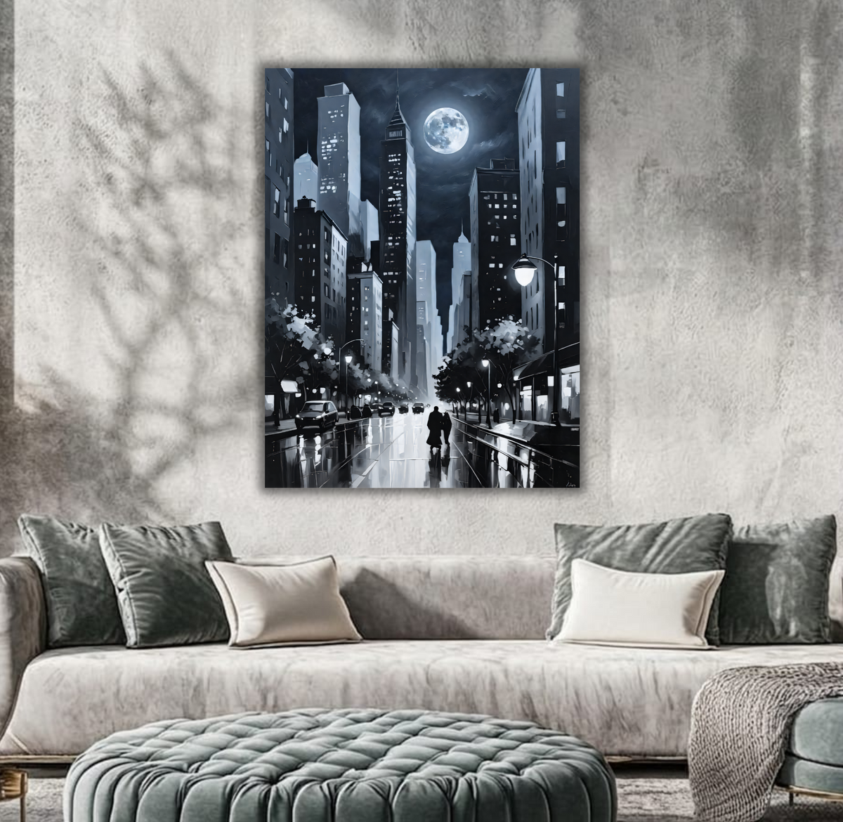 Full Moon Cityscape Canvas Print - Black & White City Night Skyline Wall Art