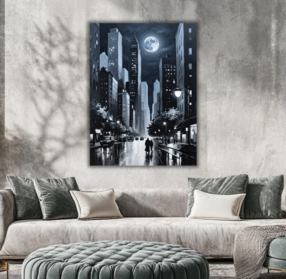 Full Moon Cityscape Canvas Print - Black & White City Night Skyline Wall Art
