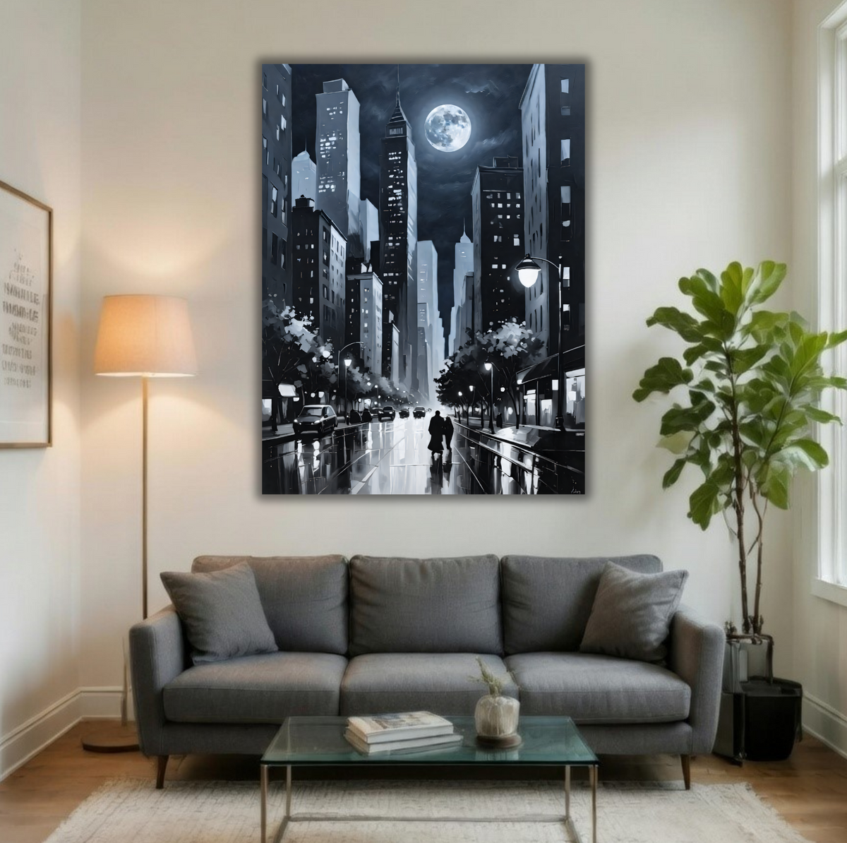 Full Moon Cityscape Canvas Print - Black & White City Night Skyline Wall Art