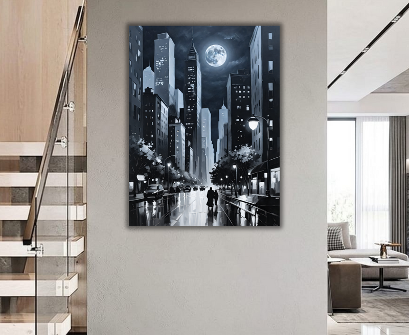 Full Moon Cityscape Canvas Print - Black & White City Night Skyline Wall Art