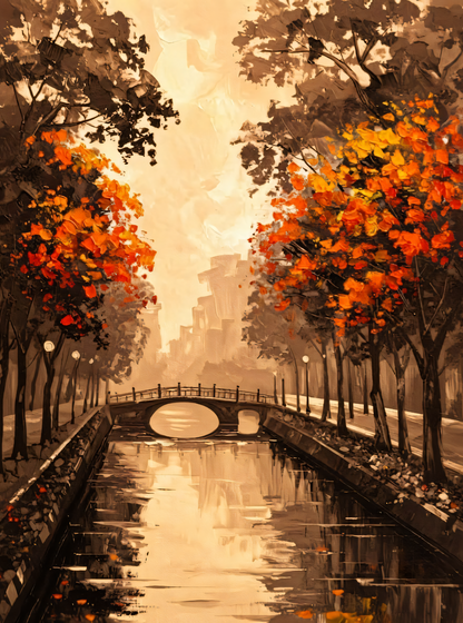 Autumn Park Canal Bridge Canvas Print - Sepia Golden Sunset & Orange Leaves Landscape Painting
