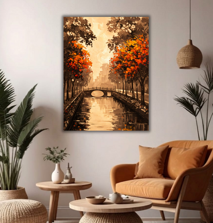 Autumn Park Canal Bridge Canvas Print - Sepia Golden Sunset & Orange Leaves Landscape Painting