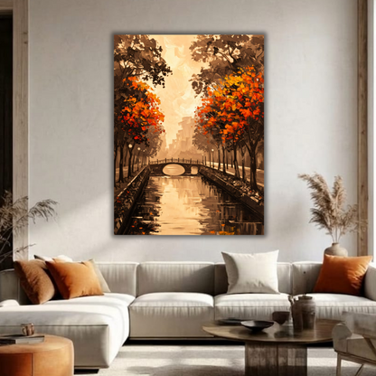 Autumn Park Canal Bridge Canvas Print - Sepia Golden Sunset & Orange Leaves Landscape Painting