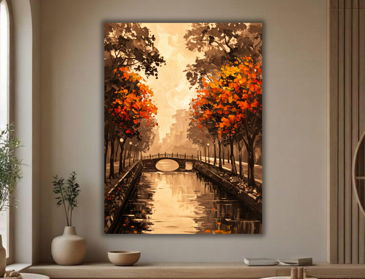 Autumn Park Canal Bridge Canvas Print - Sepia Golden Sunset & Orange Leaves Landscape Painting