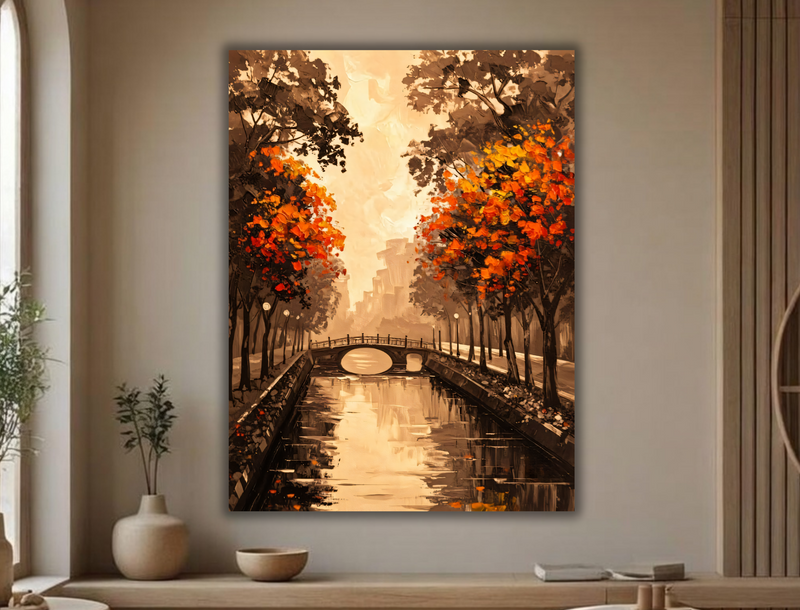 Autumn Park Canal Bridge Canvas Print - Sepia Golden Sunset & Orange Leaves Landscape Painting