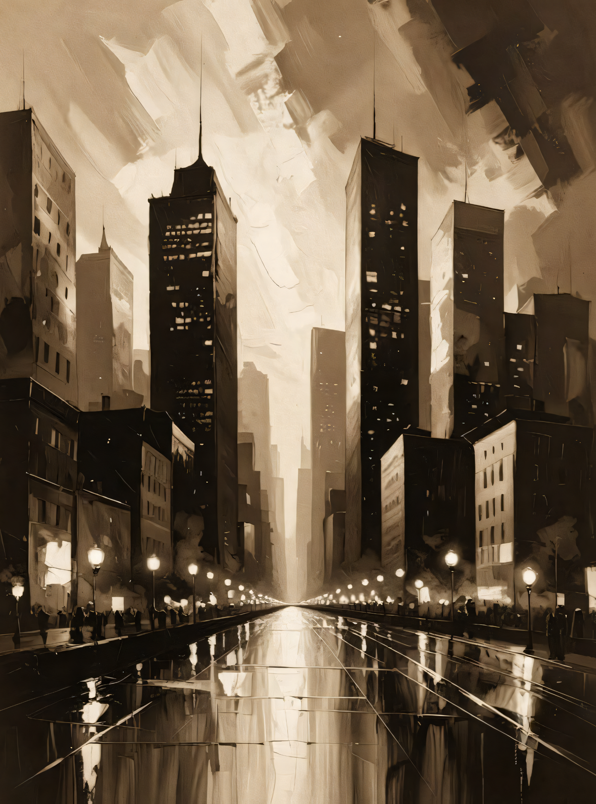 Vintage Sepia Cityscape Canvas Print - Metropolitan Skyline & Wet Street Reflection Wall Art