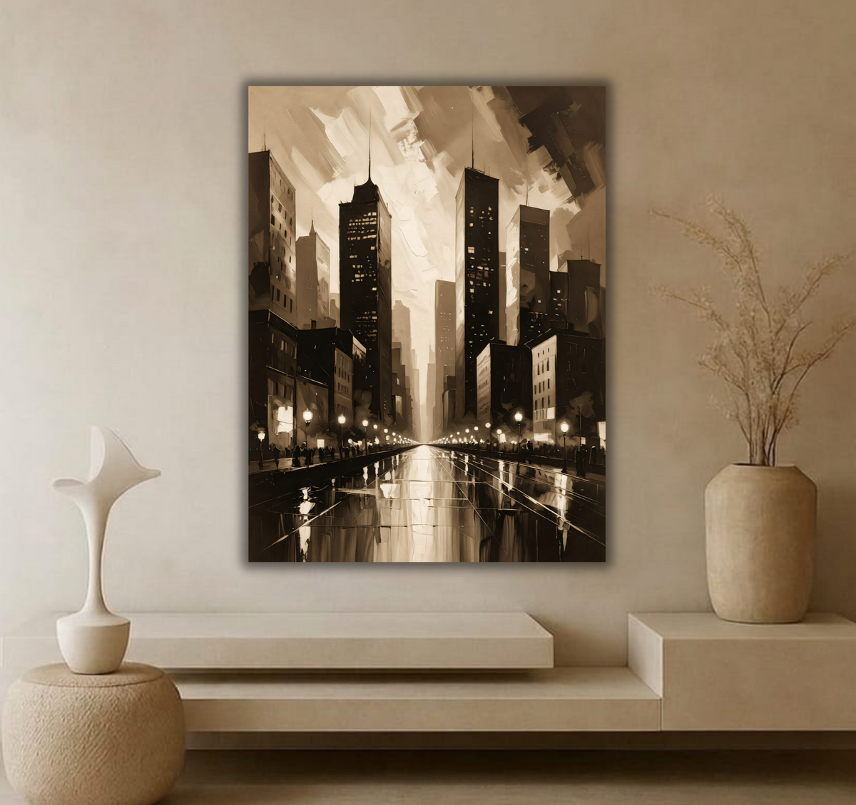 Vintage Sepia Cityscape Canvas Print - Metropolitan Skyline & Wet Street Reflection Wall Art